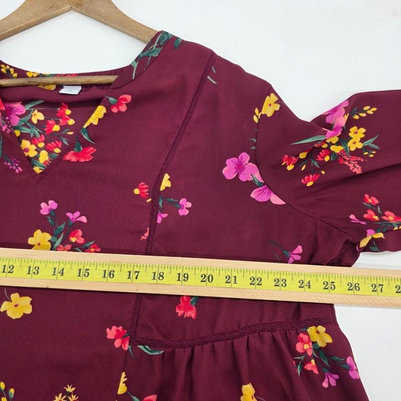 Old Navy Womens XXL Burgundy Floral Split Neck Sheer Blouse Long Sleeve Boho - Picture 10 of 12